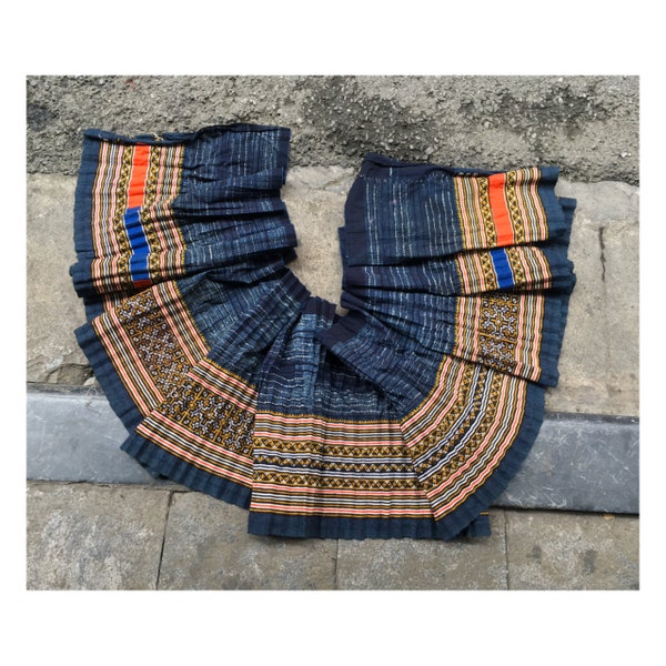 Vintage tribal Hmong hand woven silk cotton hemp long fabric ,indigo  blue in The north of Vietnam