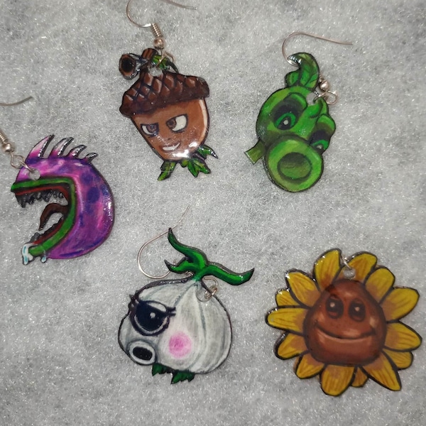 OOAK Hand-Drawn Art Plants vs Zombies PvZ Earrings Set of 5 - Mix & Match - Dangle Jewelry Shrinky Dink - Gloss - Sun Pea Garlic Chomp Acorn