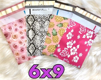 5 - 40 Pcs - 6x9 ( Pink Roses, Snake Skin, Pink Pineapple, Pink Aloha ) Designer Poly Mailer Shipping Mailers Shipping Tear Proof Self Seal