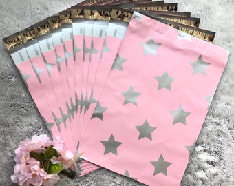 5 - 30 Pcs - 10x13 ( Baby Pink Silver Star ) Designer Poly Mailer Shipping Mailers Water Resistant Shipping Tear Proof Lightweight Self Seal