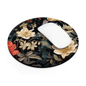 Floral Roses Flower, Birds Serenity / Black Background Custom Design Designer Round Mouse Pad, Smooth and Ergonomic