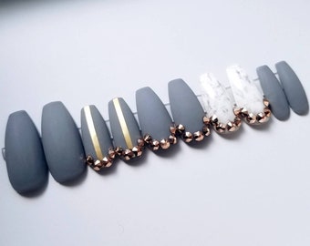 Matte gray press on nails marble - Rose gold Swarovski rhinestones Accent nails - Handcrafted fake nails - Coffin Stiletto Almond Oval Round