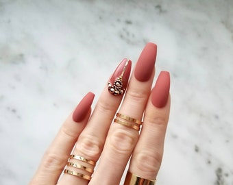 Matte press on nails - Rose gold Swarovski rhinestones Accent nails - Handcrafted fake nails - Coffin Stiletto Almond Oval Round n088