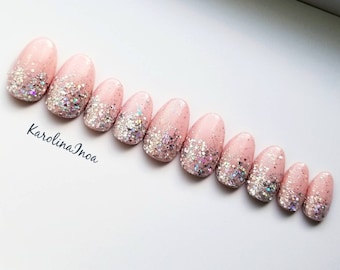 Glitter ombre nude Press on nails - false nails - Holographic - Coffin Stiletto Almond Oval Round - Long Medium Short N101