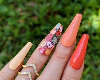 Fruit accent Press-on nails transparent summer colors apple strawberry watermelon orange banana lime kiwi - B045 B122 B179 B176 B177