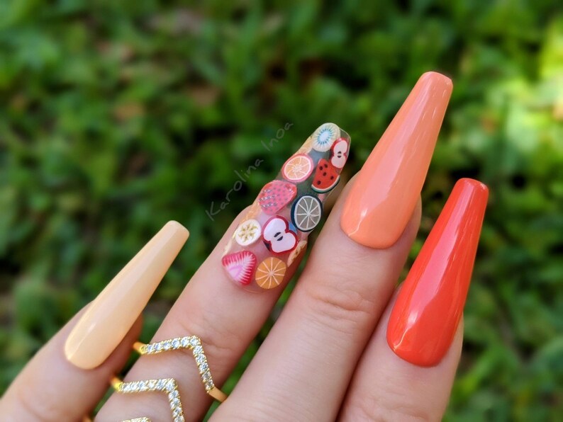 Fruit accent Press-on nails transparent summer colors apple strawberry watermelon orange banana lime kiwi B045 B122 B179 B176 B177 image 1