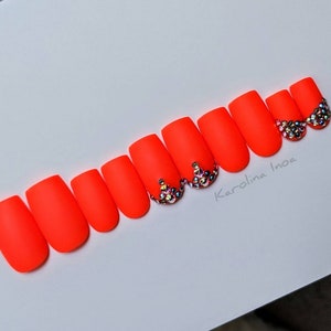 Matte neon press on nails - Crystals rhinestones accent nails - orange red - Handcrafted fake nails - Coffin Stiletto Almond Oval B36