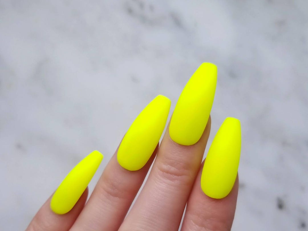 Neon Yellow Matte Press on Nails White Bottom Custom False - Etsy