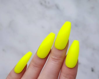 Neon yellow Matte Press on nails - White bottom - Custom false nails - Coffin Stiletto Almond Oval Round - Medium Long Short B99