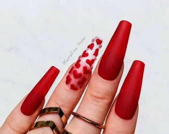 Matte red Valentine's day Press-on nails with heart accent transparent - Any shape - Coffin Stiletto Almond Oval Round custom nails F115