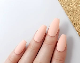 Matte peach Press on nails - Snap on reusable manicure - Coffin Stiletto Almond Oval Round - Long Medium Short N83