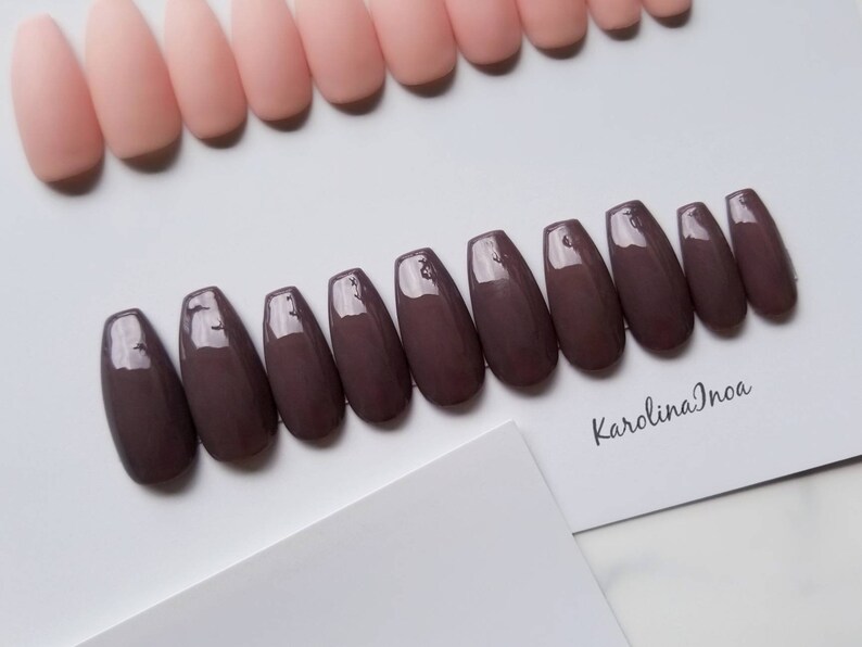 Dark Nude Press On Nails Brown Hand Painted With Gel For The Etsy