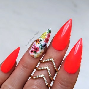 Neon bright summer Press-on nails with a tropical flowers accent white - Coffin Stiletto Almond Round false nails pink red sculpted b181