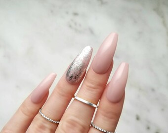 Rose Nude Press-on nails with a Silver foil - Any shape - Reusable manicure - Coffin Stiletto Almond Oval Round false nails NRG