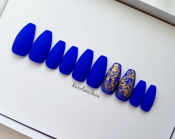 Neon blue matte Press-on nails with a gold accent foil - Any shape - Reusable manicure - Coffin Stiletto Almond Oval Round false nails BBM