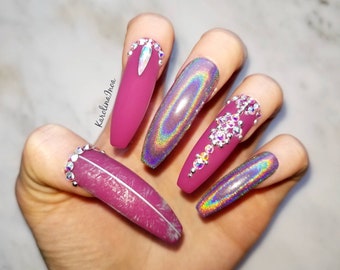 Holographic press on nails with Swarovski crystals - Any shape - Reusable - Coffin Stiletto Almond Oval Round extra long curved xxl xl f041