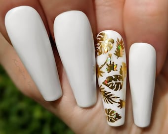 Gold holographic accent Press-on nails summer white nails matte floral decoration tropical monstera palm sculpted nails any shape length