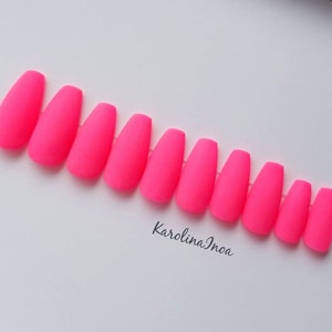 Matte finish Bright Pink Press on nails - Hand painted - Stiletto Coffin Almond Oval Round - Long Medium Short