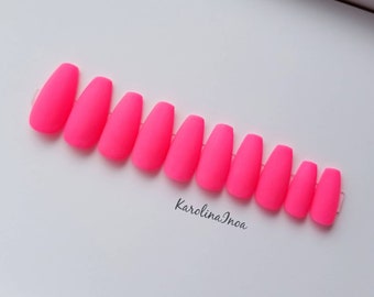 Matte finish Bright Pink Press on nails - Hand painted - Stiletto Coffin Almond Oval Round - Long Medium Short