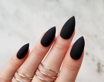 Classic matte black press on nails - Any shape - Nail glue or nail tabs - Coffin Stiletto Almond Oval Round - Long Medium Short - Halloween