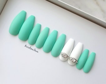 Dark mint matte Press on nails - accent crystals - Coffin Stiletto Almond Oval Round - Long Short - teal pastel spring wedding ring BM