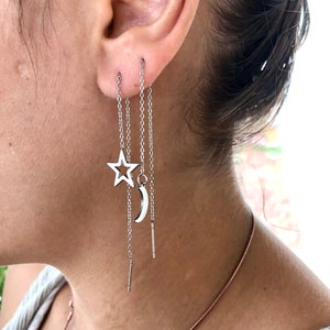 Star and Crescent moon dangle earrings, moon drop earrings, star drop earrings, threaded drop earrings