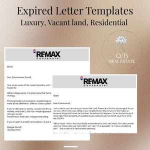 Op de afbeelding: Twee voorbeeldbrieven voor verlopen brieven met het RE/MAX Centennial-logo. De sjablonen zijn voor luxe, onbebouwde grond en residentieel vastgoed. De afbeelding bevat het Q/B Real Estate-logo en tekst.