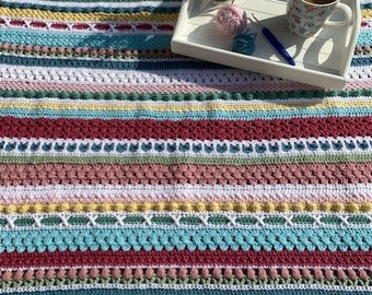 Sweet Ties that Bind PDF crochet pattern, sampler blanket with full support.