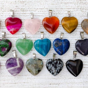 Healing Crystal Heart Necklace / Many Different Natural Stone Choices / 18" Sterling Silver Chain, or Adjustable Black Cording Available!