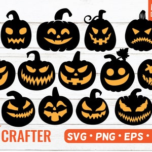 May include: Set of 12 black and orange Halloween pumpkin silhouette SVG cut files. The pumpkins have different facial expressions, including smiling, frowning, and scary.