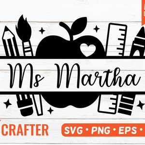 May include: Black and white design of a teacher's name, "Ms. Martha", with a red apple, pencils, paintbrushes, and a ruler. The design is on a white wood background.