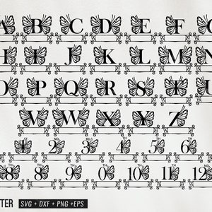 Alphabet monogramma svg, monogramma alfabeto decorato a farfalla svg, numero farfalla monogramma svg png eps dxf file di taglio per lo spazio di progettazione cricut