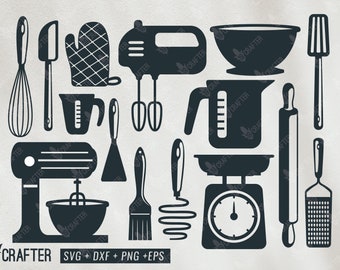 baking kitchen utensils svg, whisk svg, scale, mixer, brush, roll pin, glove, vector svg eps png dxf cut file for cricut, silhouette cameo