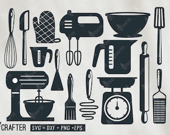 baking kitchen utensils svg, whisk svg, scale, mixer, brush, roll pin, glove, vector svg eps png dxf cut file for cricut, silhouette cameo