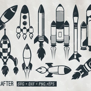 May include: A set of 10 black and white rocket ship illustrations. The rockets are in various styles and sizes. The image includes the text "19 CRAFTERS SVG + DXF + PNG + EPS".