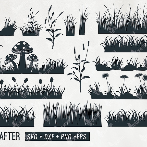 faisceau de svg d’herbe, svg d’herbe de jardin, svg de champ d’herbe, herbe de fleur, champ d’herbe de champignon svg png dxf eps file pour cricut, silhouette de cameo