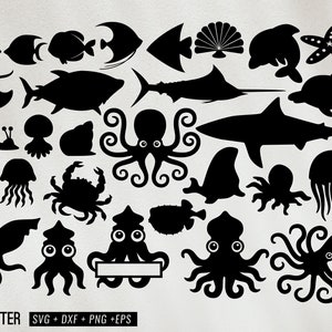carino calamaro svg, polpo svg, squalo, cavalluccio marino, meduse, delfino, pesce palla animale marino silhouette eps dxf file tagliato per lo spazio di progettazione cricut