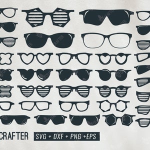 May include: A set of 19 black and white silhouette images of different styles of sunglasses. The images are for crafting and include the text "19 CRAFTERS SVG + DXF + PNG + EPS".