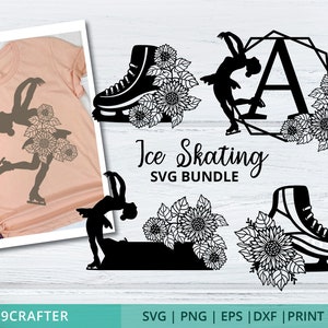 ice skating svg bundle, ice skate figure with flower decoration, ice skating monogram frame, svg png eps dxf paper cut file cricut design