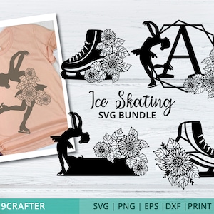 ice skating svg bundle, ice skate figure with flower decoration, ice skating monogram frame, svg png eps dxf paper cut file cricut design