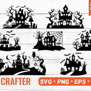Halloween scenes SVG bundle. Haunted spooky house svg. Halloween laser cut window and door decor svg. Halloween mansion silhouette SVG.