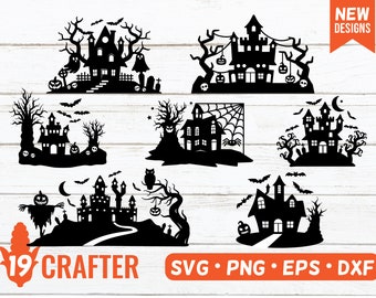 Sceny Halloween SVG bundle. Nawiedzony upiorny dom SVG. Dekoracja okien i drzwi wycinana laserowo na Halloween SVG. Sylwetka rezydencji Halloween SVG.