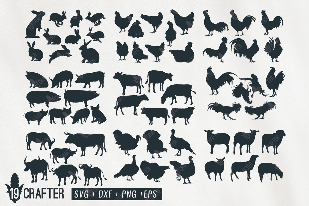 Farm Animal Svg Bundle, Bunny Hen Chicken Rooster Lamb Cow Pig Hog Bull ...