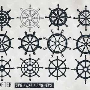 May include: Set of twelve black and white nautical wheel SVG cut files. The wheels have a variety of spoke designs. The text "19 CRAFTERSVG + DXF + PNG + EPS" is at the bottom of the image.