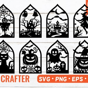Halloween-Szenen SVG Bundle. Halloween Laser cut Fenster und Tür Dekor svg. Halloween-Geist, fliegende Hexe, Katze und gruseliger Kürbisstecker SVG.