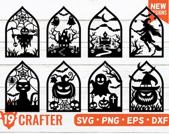 Sceny Halloween SVG bundle. Halloween laserowo wycinane dekoracje okien i drzwi SVG. Duch Halloween, latająca czarownica, kot i straszny dyniowy jack SVG.