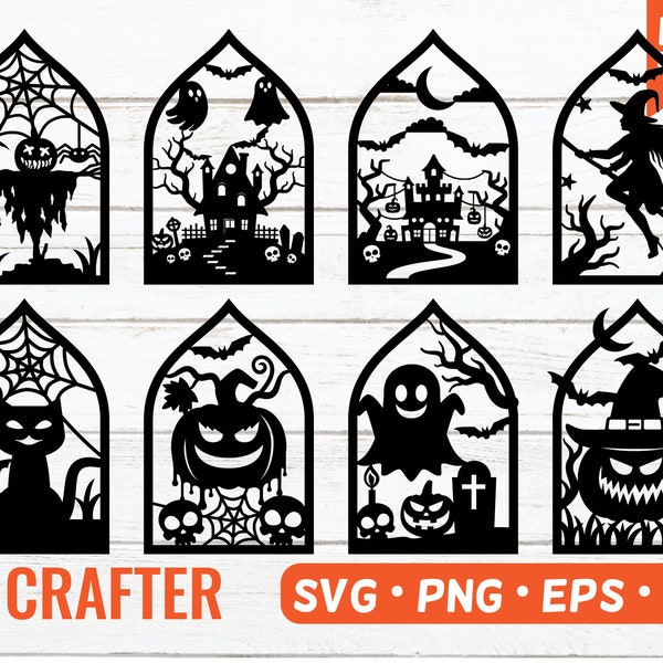 Halloween scenes SVG bundle. Halloween laser cut window and door decor svg. Halloween ghost, flying witch, cat, and scary pumpkin jack SVG.