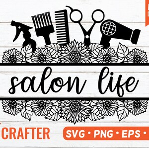 Salon hair dresser split monogram SVG. Hair stylist floral sun flower split banner or t-shirt SVG. Hair stylist salon logo windows sign SVG.