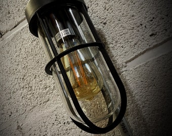 Industrial bathroom wall light IP44 glass dome fitted to a conduit box