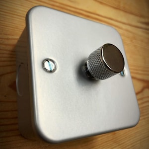 May include: A silver metal light switch plate with a round, chrome knob.